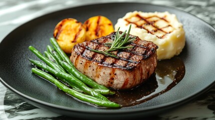 On a stylish marble backdrop, a steak prepared from thick slices, expertly grilled to perfection, is served alongside juicy green beans, mashed potatoes topped with cream, and a herb-infused gravy.