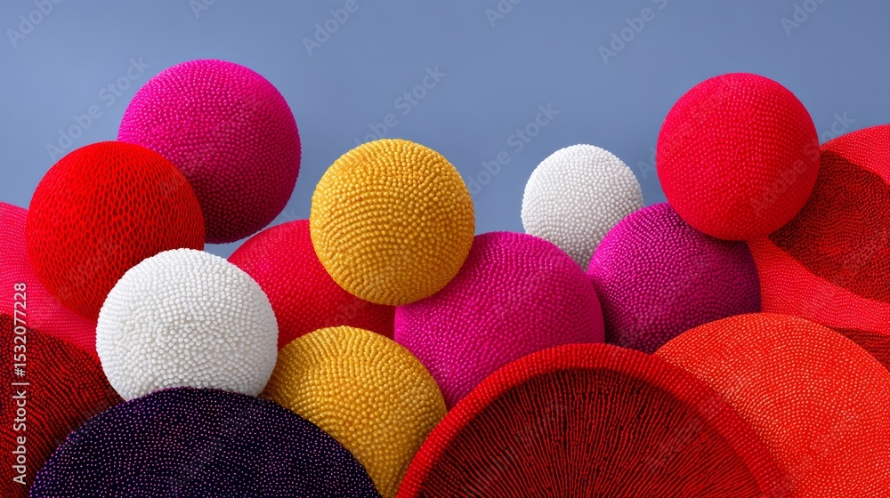 Poster bunch of colorful balls are piled on top of each other. the balls are of different sizes and colors,