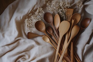 Assorted wooden kitchen utensils on a light beige linen cloth.