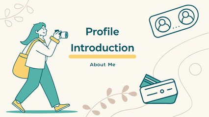 Illustration of a woman taking a photo with profile introduction and about me text on a light background