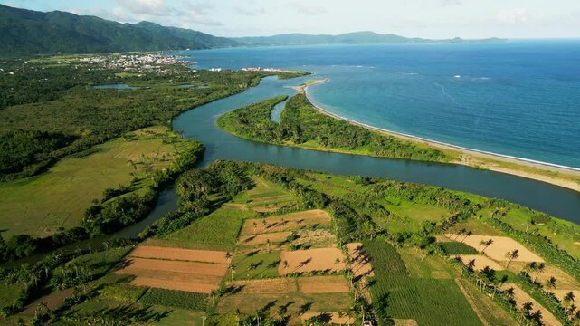 Pajo Rivermouth Into The Philippine Sea In Virac, Catanduanes. Aerial Drone Shot