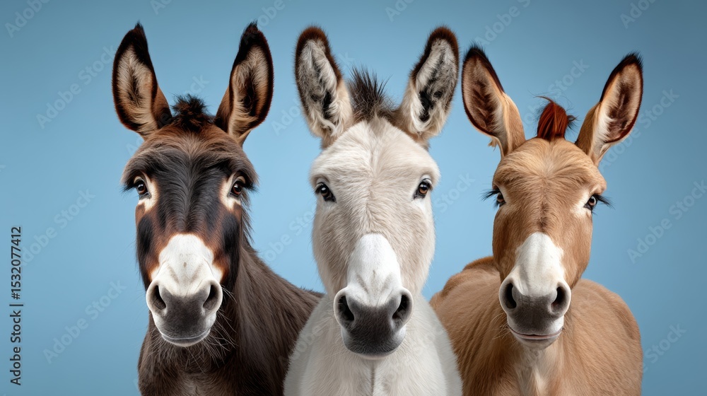 Poster three donkeys are standing next to each other with their heads facing forward. the donkeys are of di