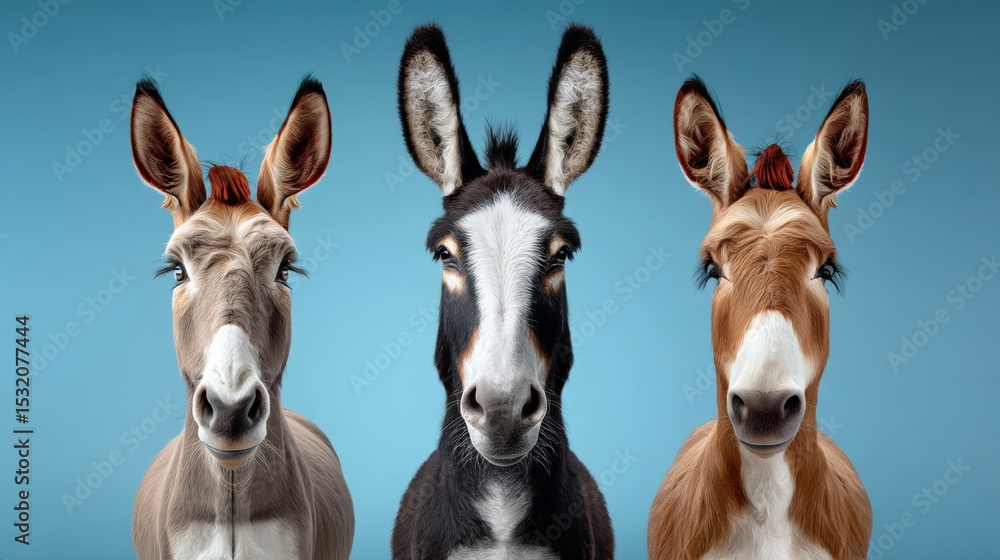 Aufkleber three donkeys are standing in front of a blue background. they are all looking at the camera and hav