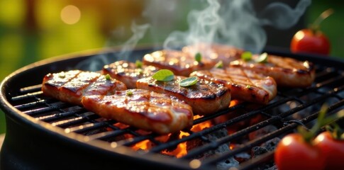 Grilled meat sizzling on barbecue at summer party, apron, summertime