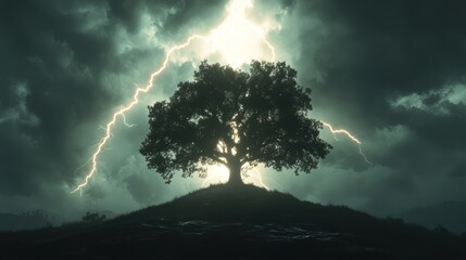A rural landscape was engulfed by a dramatic thunderstorm. Bright lightning sliced through the sky, illuminating the silhouette of a lone tree on a hill.