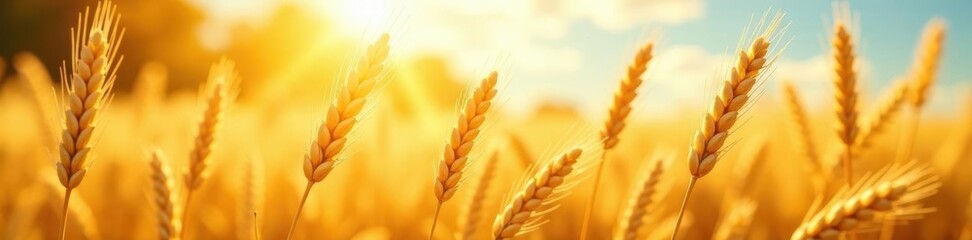 Golden wheat swaying gently in bright sunlight , outdoor, grain