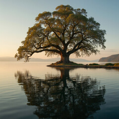 Ultra HD professional landscape photo of a massive ancient oak tree on a lakeshore with perfect mirror reflection in calm water at golden hour
