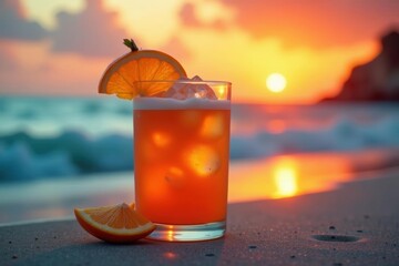 Iced orange cocktail, sunset reflection, beach setting, silhouette, refreshing