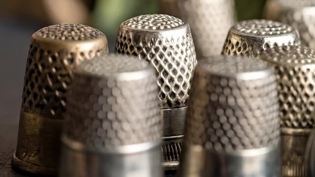 Close-up of assorted metal thimbles, showing aged surfaces, detailing, and worn patina for a vintage sewing concept