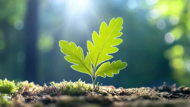 Seedling Reaching for the Light: A tiny oak sapling unfurls its fresh, vibrant leaves, bathed in the warmth of sunlight filtering through a blurred forest backdrop.