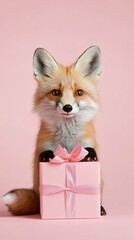 Fox with birthday gift box on a pastel pink background.