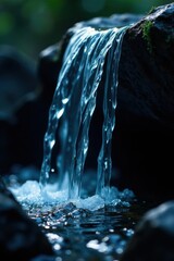 Large, clear water drops cascade down a dark, obsidian surface, texture, elegant