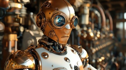 A sleek and futuristic steampunk robot, with polished copper limbs and a steam-powered core. It stands amidst complex machinery and Victorian-era architecture.