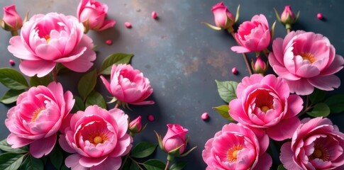 Luscious pink peonies and roses, abundant blooms, blank space , lush, celebration