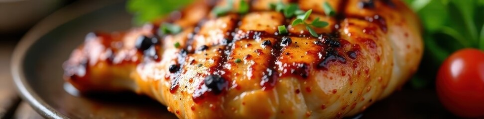 Marinated & grilled chicken, closeup of seasoned breast, grilling, grill