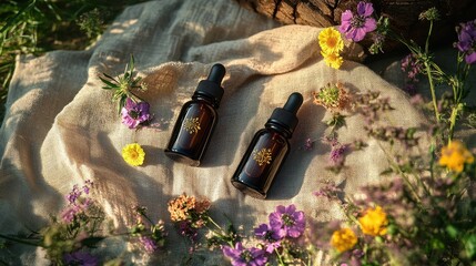 Amber glass bottles of essential oil with wildflowers.