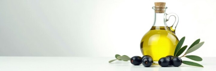 Mature olive branch with dark olives & clear olive oil bottle on white , clear, food