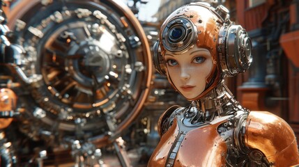 A sleek, futuristic robot with polished copper limbs and a steampunk design, surrounded by intricate machinery and Victorian architecture in the background.