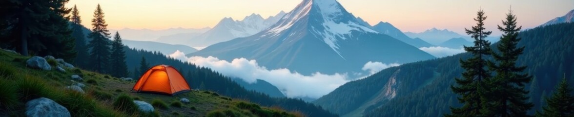 Misty mountain peak,campsite nestled in pines, unwind, pine