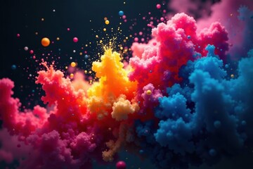 Multicolored pigments explode, stark contrast, black, impact