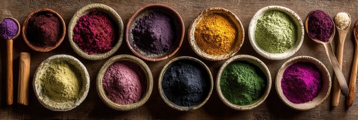 Assorted colorful spices in bowls and spoons on rustic wooden surface.