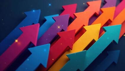 Multiple arrows in spectrum of hues, various lengths, spectrum of colors, graphic