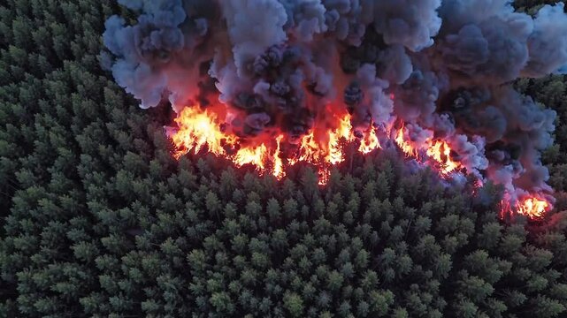Wildfire's Fury: Aerial view of a raging wildfire devouring a dense forest, a stark reminder of nature's destructive force.