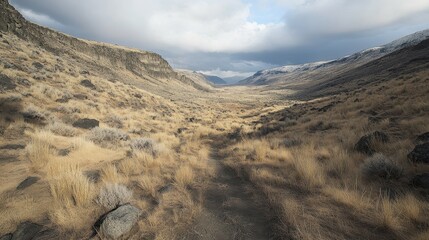 A dry, mountainous valley with patches of dry grass.