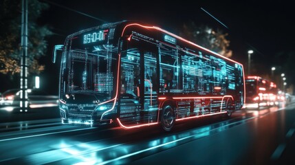Futuristic bus on a city street at night.  Detailed technical information displayed on the exterior