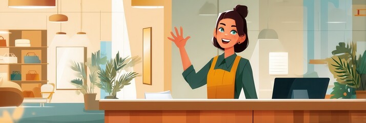 Young female receptionist welcoming guests in modern hotel lobby.