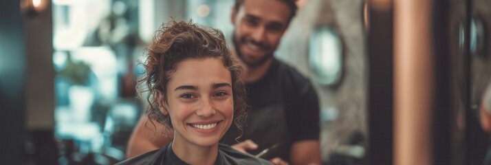 Smiling caucasian female receiving haircut in modern salon.