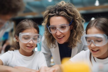 Caucasian female teacher engages young students in science experiment with safety goggles.
