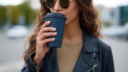 Young caucasian female enjoying coffee outdoors in stylish attire.