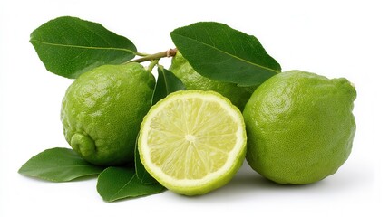 Fresh green bergamot limes with leaves on white background.