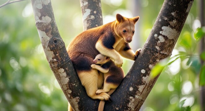 Rare Bennett's Tree-Kangaroo Mother & Joey in Rainforest Tree