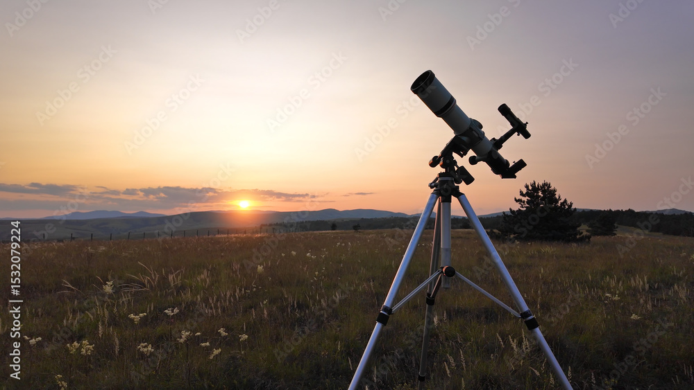 Wall mural preparing for night sky observing with a astronomical telescope just before sunset in the countrysid