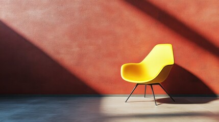 Modern yellow chair in a terracotta room.