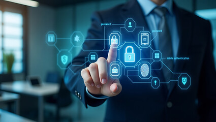 Cybersecurity Expert Using Futuristic Interface with Multi-Factor Authentication Icons – Secure Login Technology Concept

