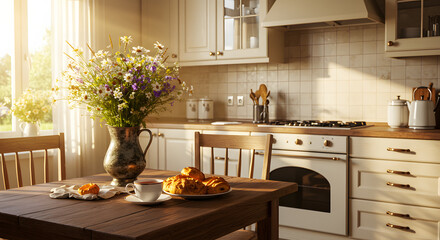 Rustic Kitchen Interior Design Warm Sunlight, Flowers, and Morning Tea