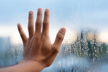 Hand touching rainy glass window with blurred background.
