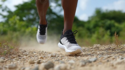 Close-up african male running on trail in athletic sneakers outdoors.