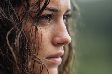 Close-up profile of young caucasian female with wet hair and focused expression.