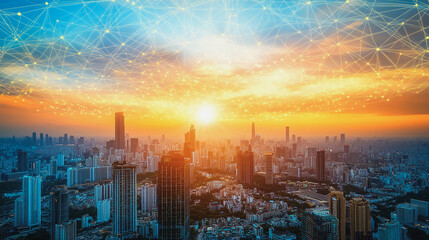 Fototapeta premium Smart city with connection network reciprocity over the cityscape social media networking systems that connects on the peak of success amid tall, innovative Smart city and graphs with statistics