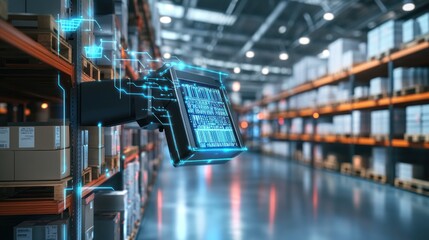 Automated warehouse management system.  High-tech inventory tracking in a modern distribution center, showcasing digital interface,  linked to shelving units