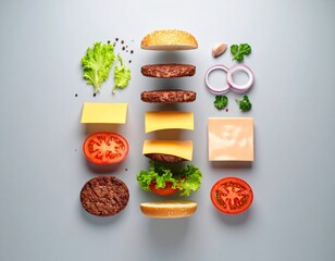 Flat lay z burgerem rozłożonym na części – każda warstwa osobno