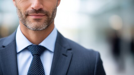Confident caucasian mature male in suit with beard and tie in professional setting.