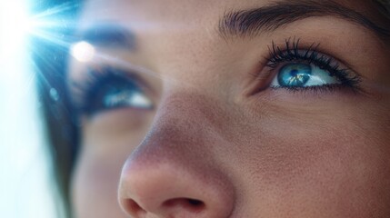 Close-up of young female with blue eyes in sunlight.