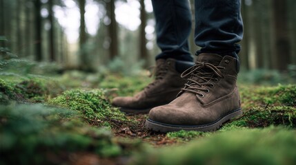 Close-up of brown hiking boots on forest floor among green moss.