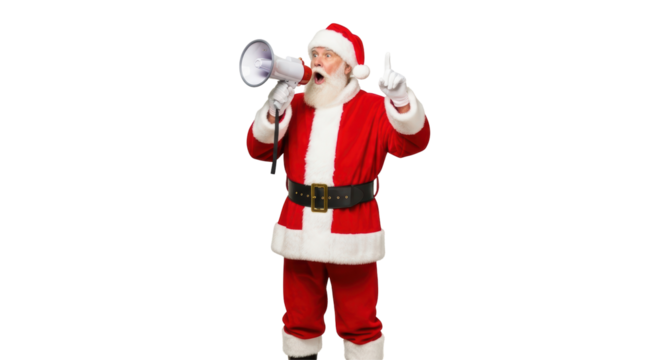 Isolated Santa Claus Shouting into Megaphone with Index Finger Up