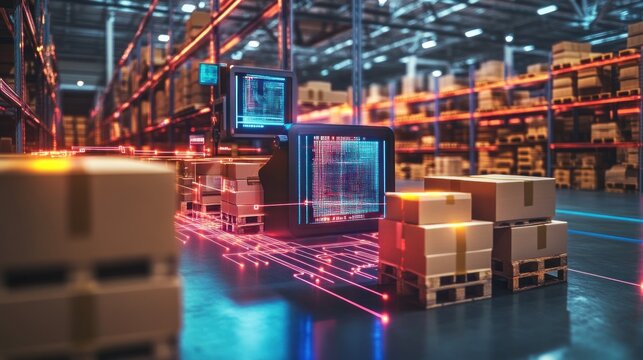 Automated warehouse with digital displays and conveyor systems - Powered by Adobe